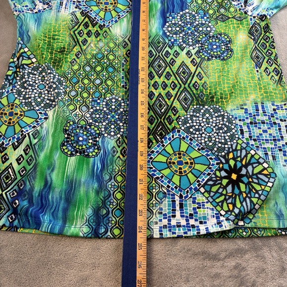 Susan Graver Women Large Green Blue Mosaic Geometric Tunic Top Split Sleeve Ring - Picture 8 of 16